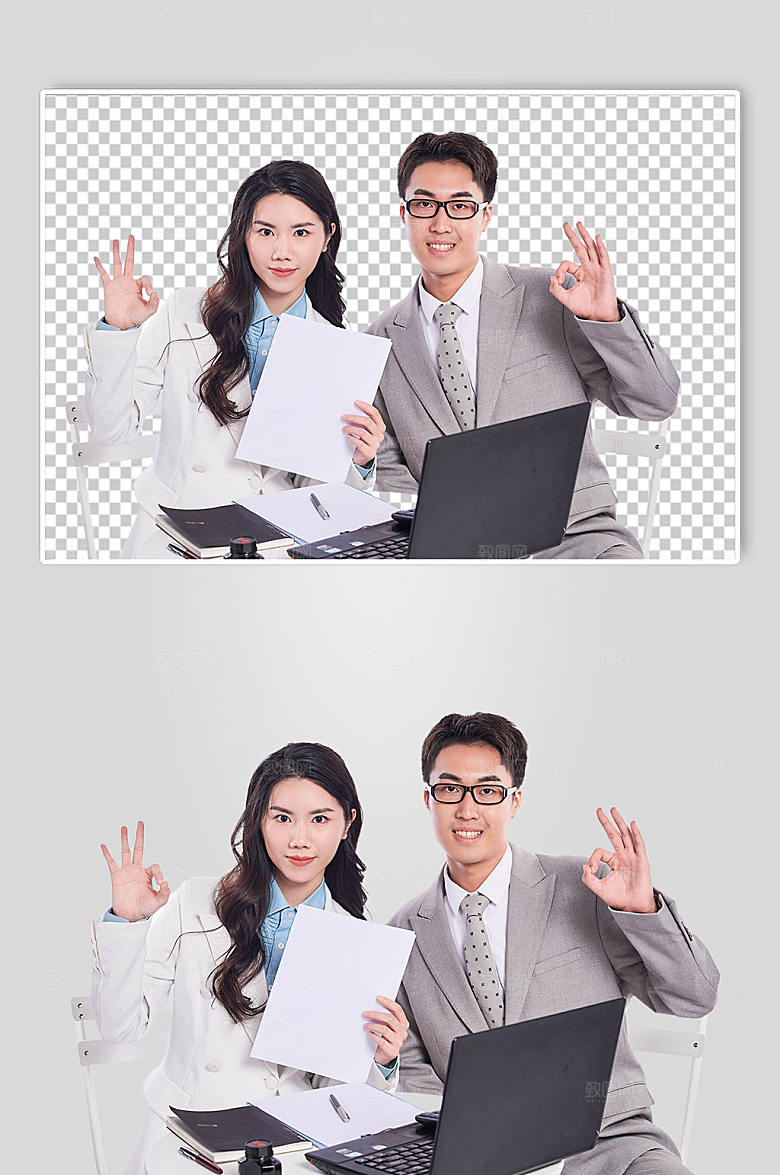 西装女士男士OK手势摄影图片