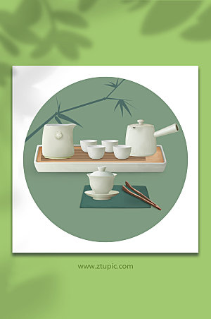国风素雅套装茶具物品元素设计插画