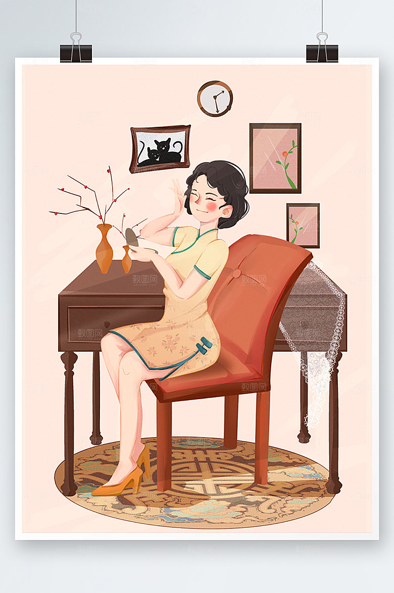 中式女子化妆美妆人物插画设计