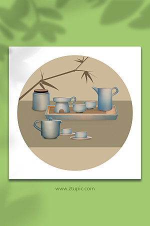 国风套装茶具物品元素插画设计