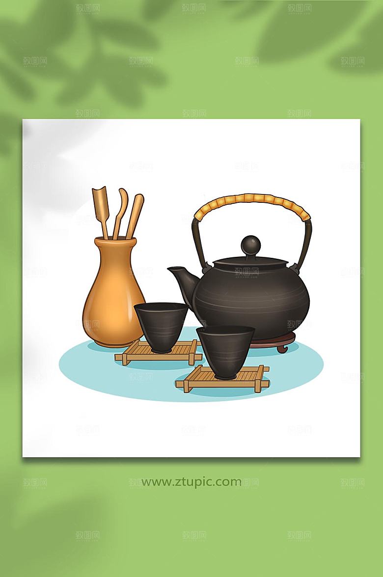 卡通茶文化泡茶茶具插画设计