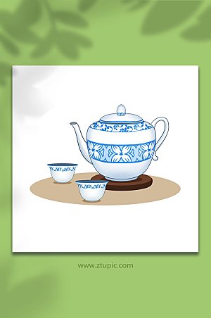 卡通茶文化青花瓷茶具插画设计