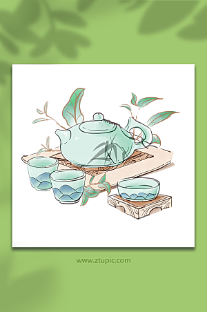中式淡雅传统茶具元素插画设计