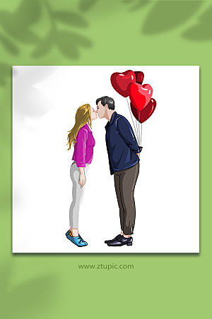 扁平男女情侣接吻插画素材设计