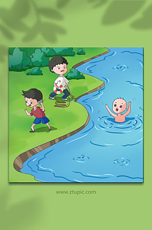 扁平预防溺水人物元素插画设计