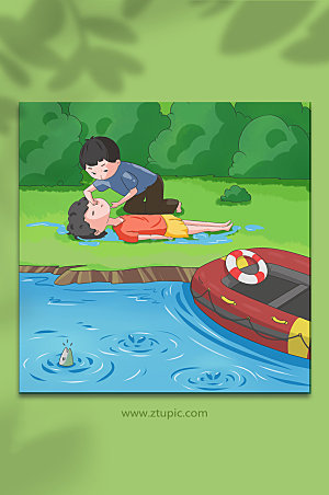 扁平人工呼吸溺水救助插画设计