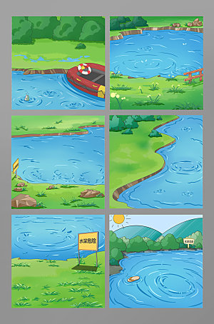 湖泊河边插画背景元素