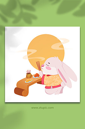 手绘中秋兔拜圆月动物设计插画