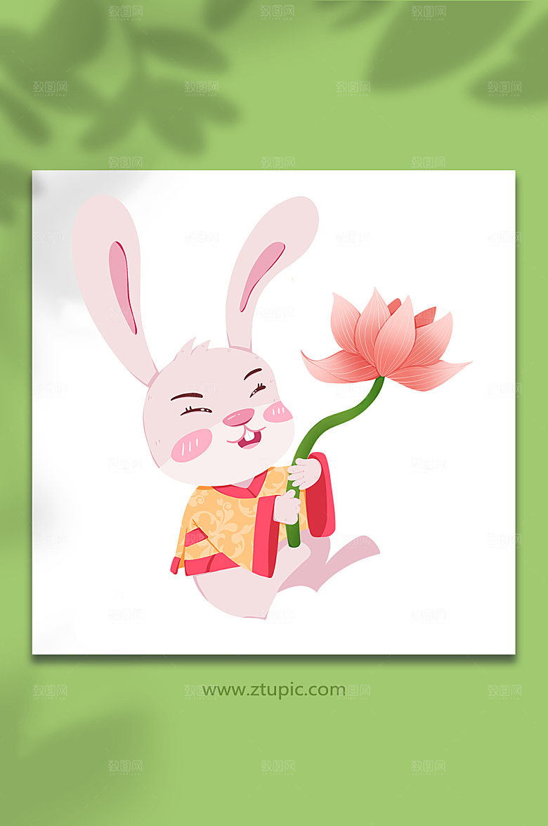 扁平中秋兔举荷花动物设计插画
