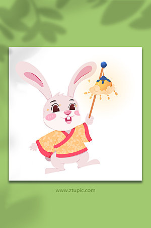 手绘中秋兔举灯笼动物插画设计
