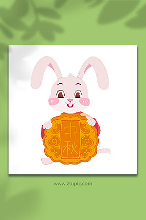 扁平中秋兔扶大月饼动物插画设计