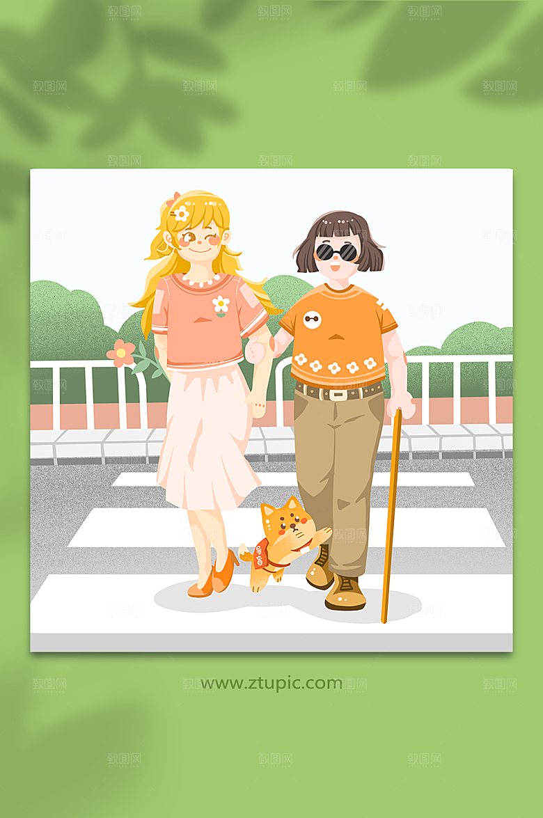 卡通盲人导盲犬残疾人插画设计