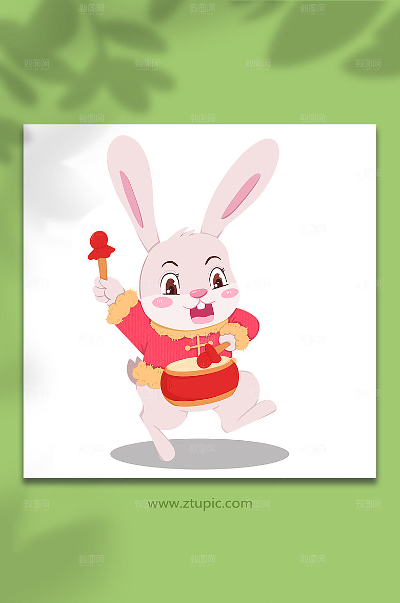 卡通兔喜庆打鼓动物插画设计