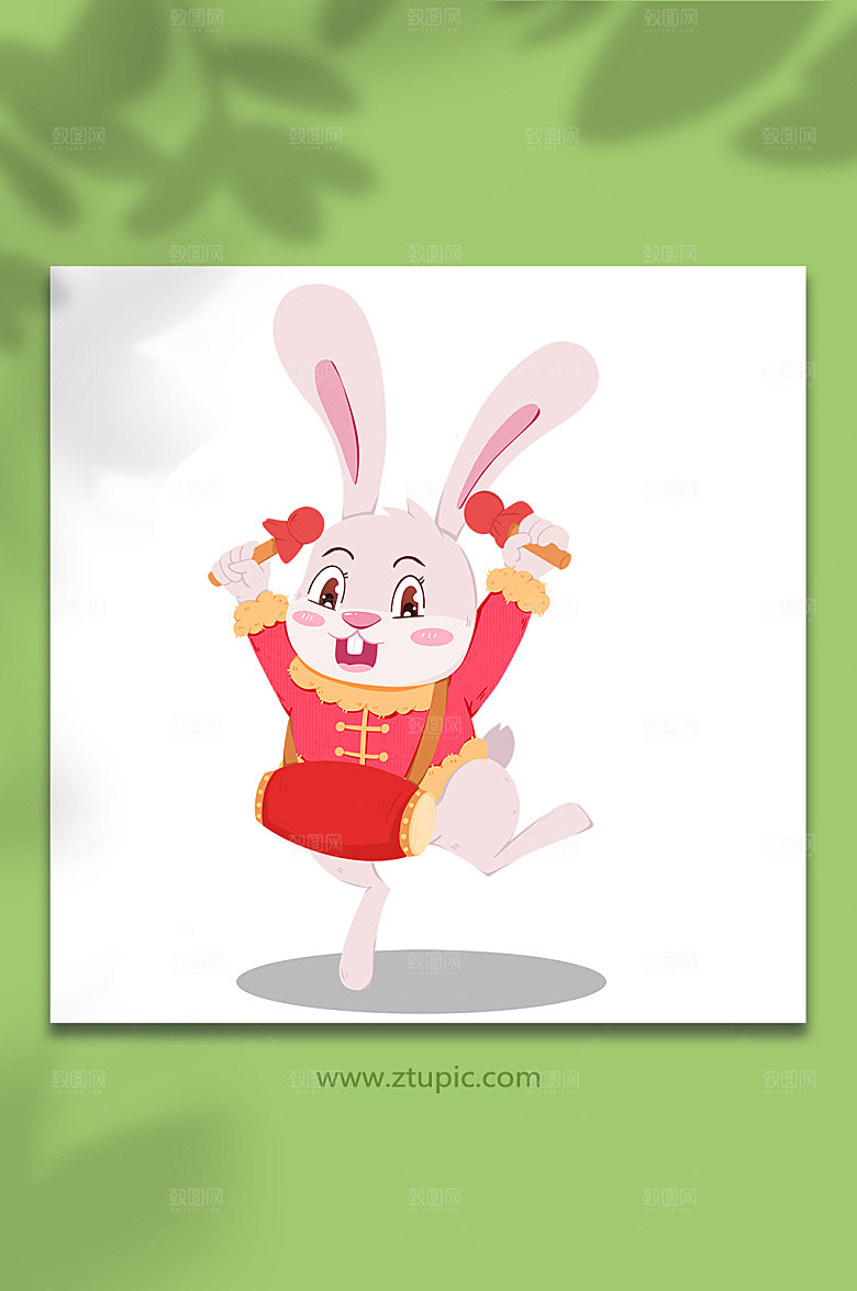 扁平兔喜庆打腰鼓动物插画设计
