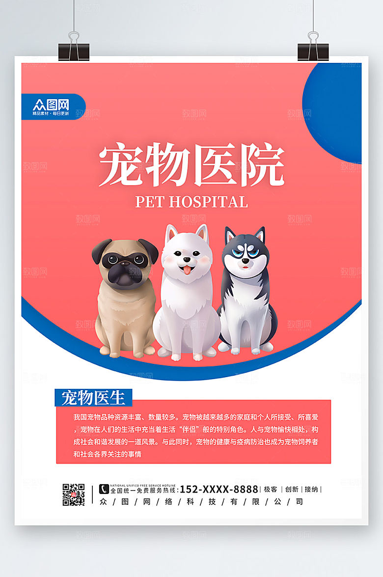 撞色宠物医院招聘海报设计