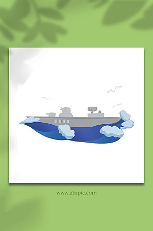 卡通海军军舰海浪海鸥背景元素