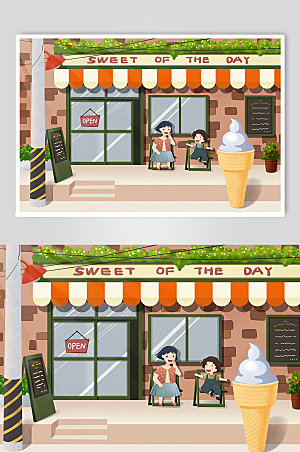 扁平大暑冰淇淋小店插画设计