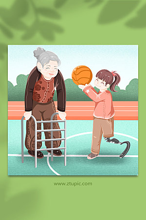 扁平残疾老人儿童篮球运动插画