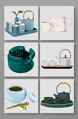 卡通茶壶茶杯茶具套装插画设计