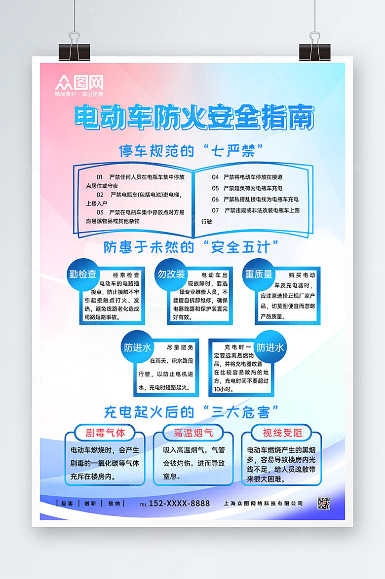 渐变电动车防火安全指南海报模板