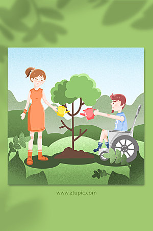 扁平植树节轮椅残疾人插画设计