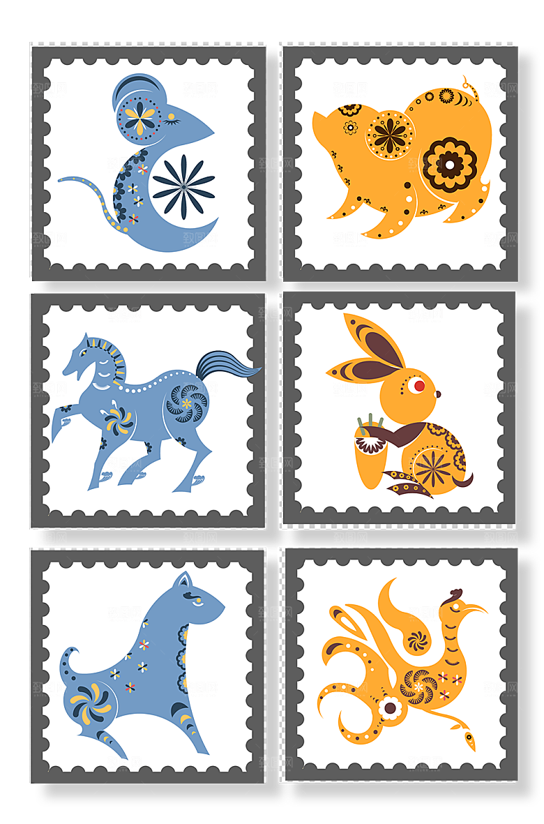 中式剪纸十二生肖动物插画设计