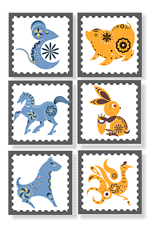 中式剪纸十二生肖动物插画设计