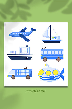 扁平飞机帆船艇交通工具插画设计