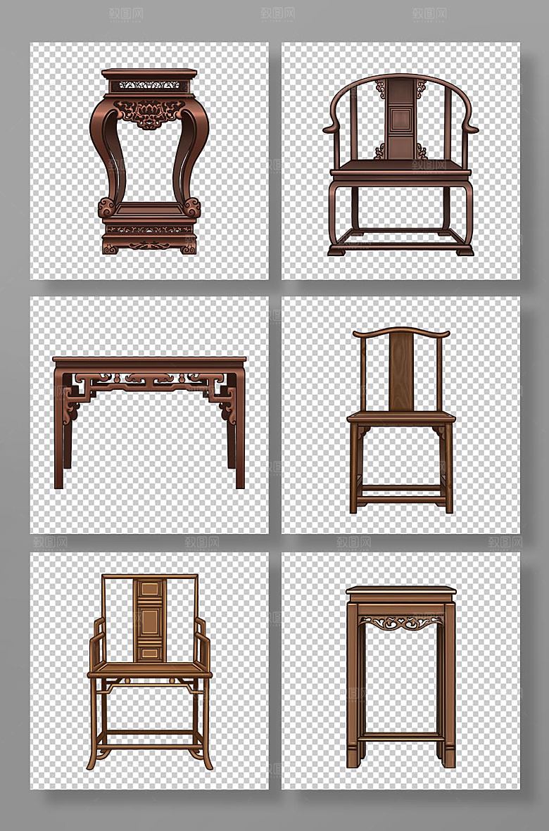 手绘古典木质家具组合元素插画
