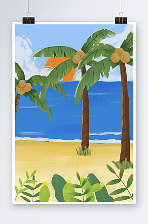 椰林大暑节气海滩插画免抠背景