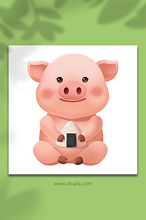 扁平小猪吃饭团生肖猪年插画设计