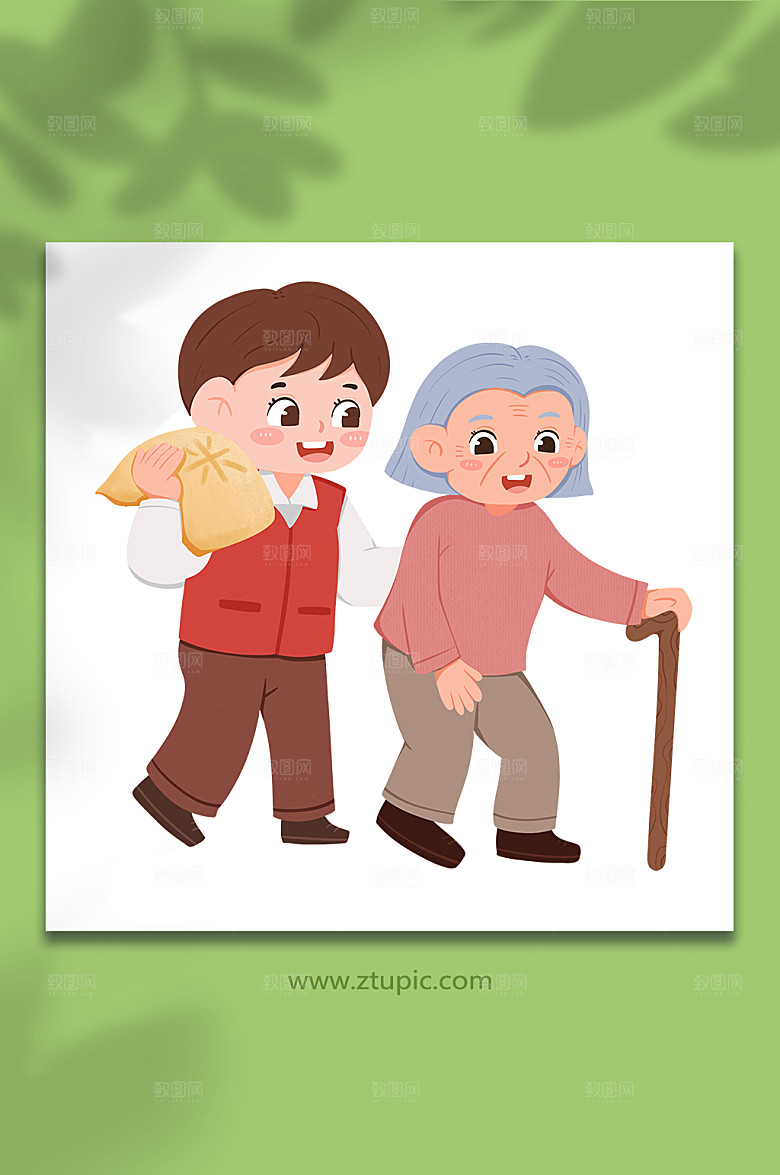 卡通送米帮助老人志愿者插画设计