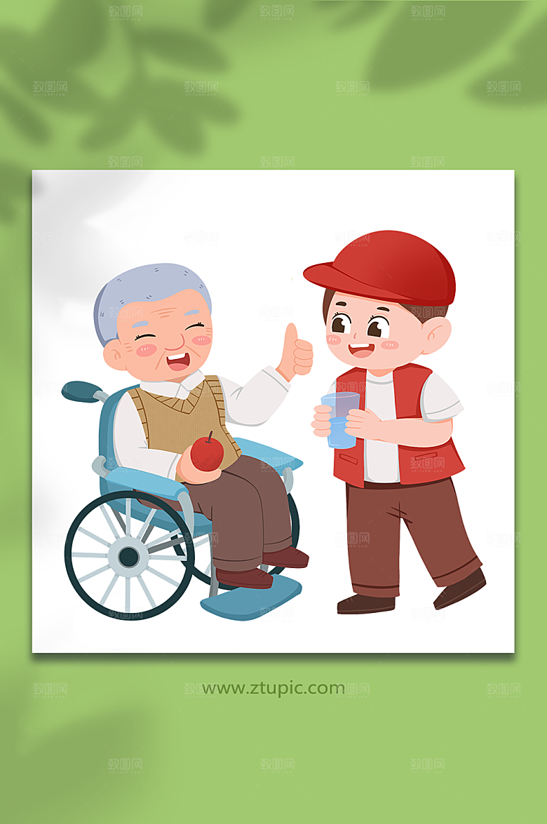 卡通照顾轮椅老人志愿者插画设计