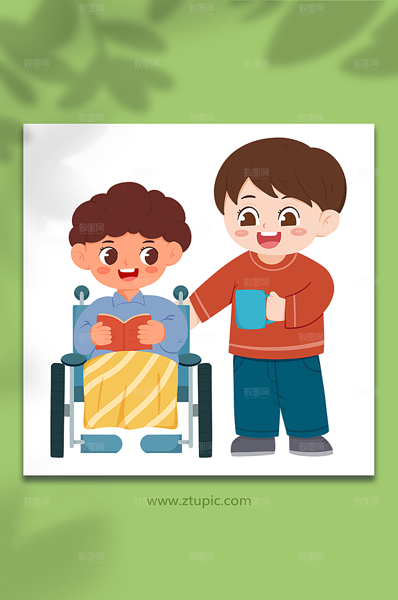 扁平照顾残疾人递水人物插画设计
