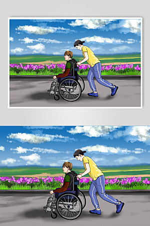 写实残疾人坐轮椅人物插画设计
