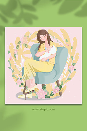 卡通温馨母乳喂养人物插画设计