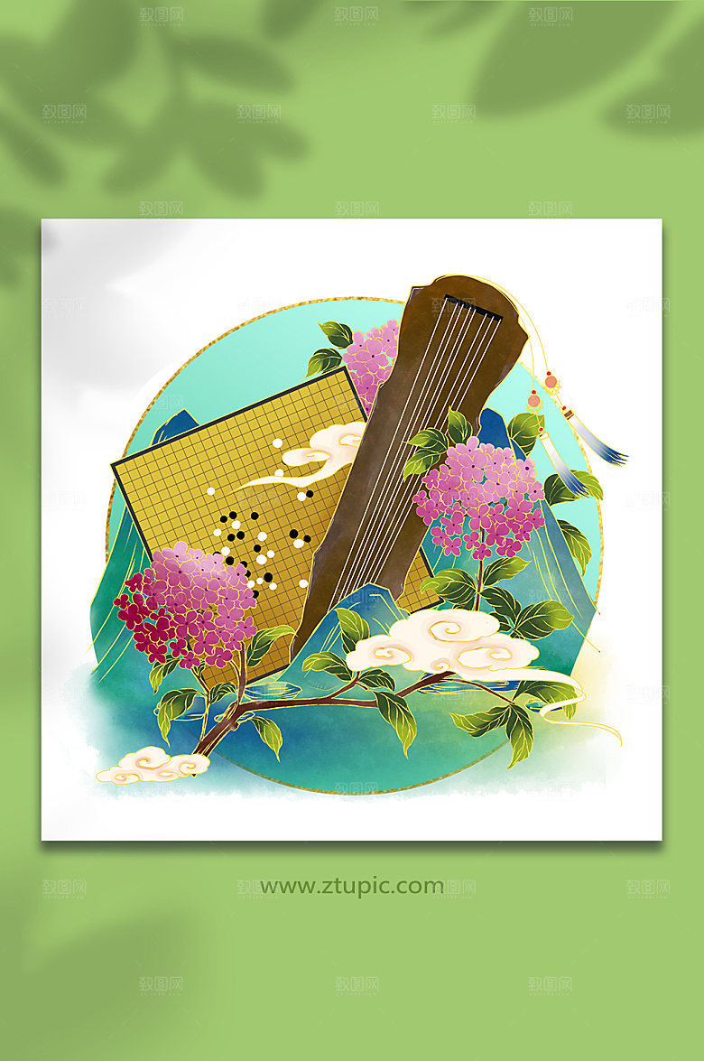 扁平琴棋组合琴棋书画插画设计