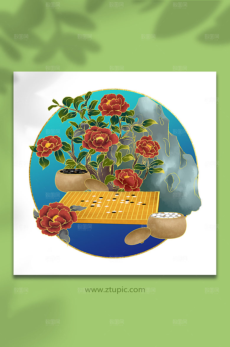 国潮下棋茶花琴棋书画插画设计