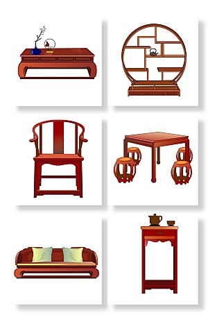 中式木质家具物品插画设计