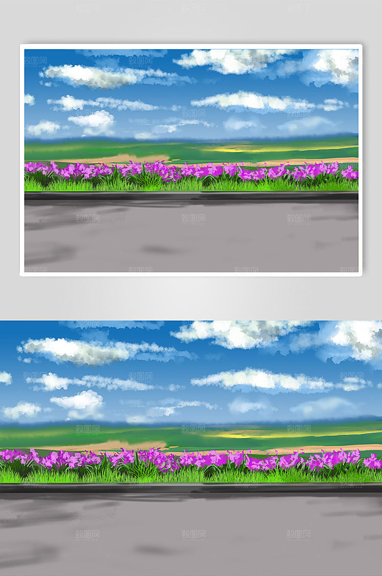 原创马路天空花丛插画背景