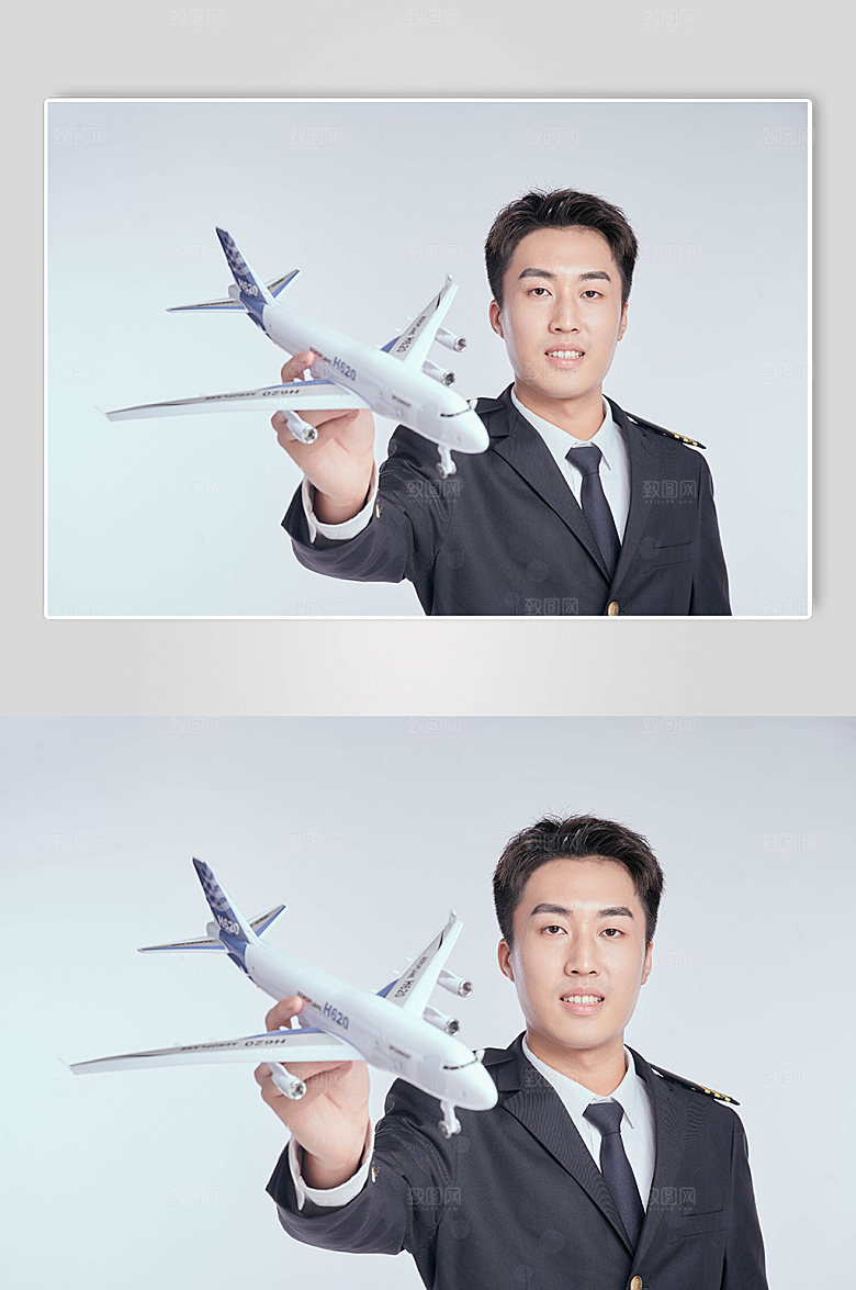航空人员空少手持模型摄影图