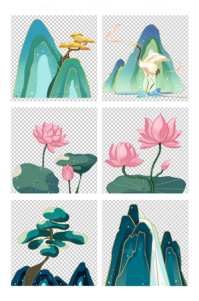 国潮仙鹤荷花树木山水插画设计