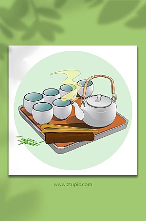 中式茶壶茶杯茶具用品设计插画