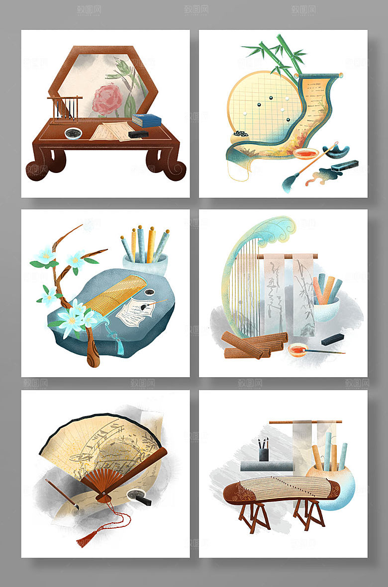 国潮琴棋书画物品插画设计