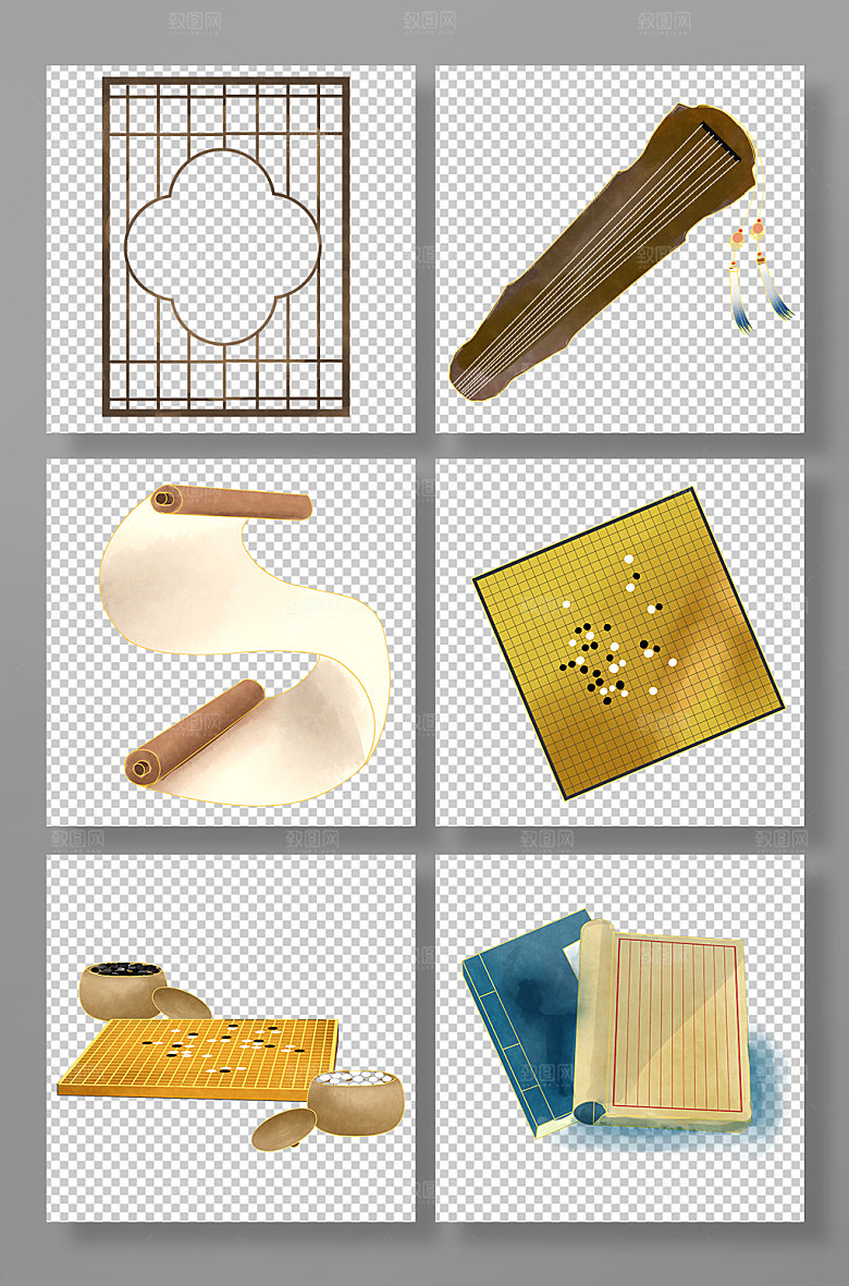 古风琴棋书画组合物品元素插画