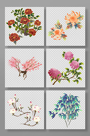国潮花卉六种物品元素插画