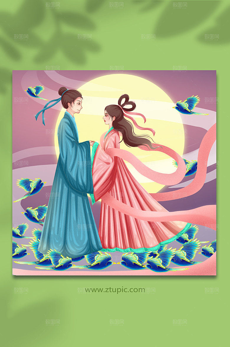 国潮七夕喜鹊牛郎织女插画设计