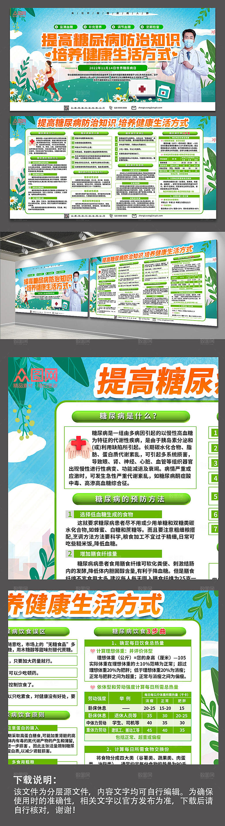 清新预防糖尿病医疗宣传展板模板