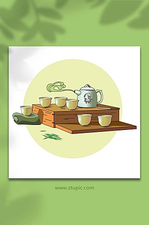 卡通茶杯茶具整套茶具插画设计