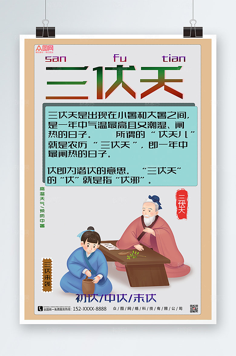 淡雅中医养生三伏天海报模板